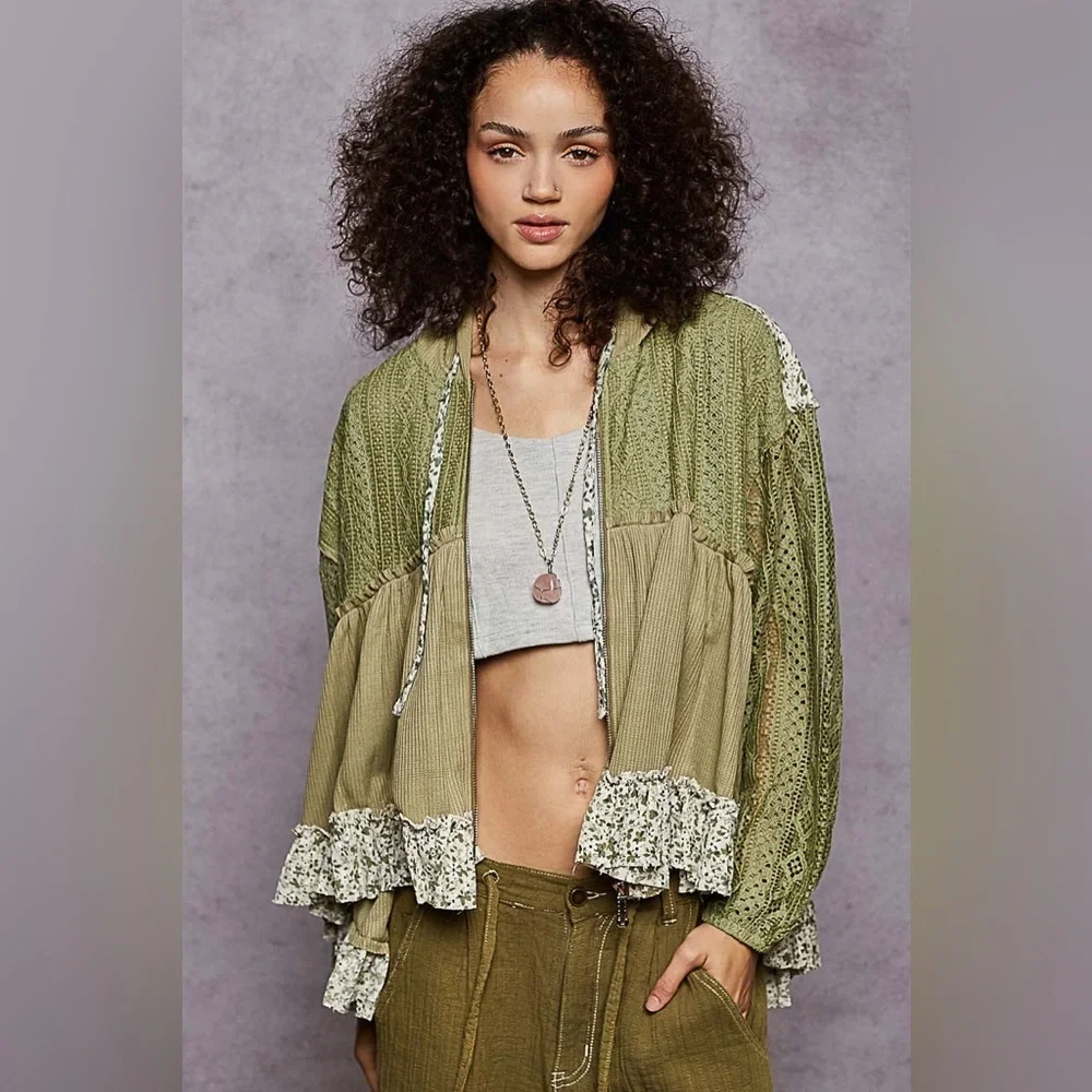⚡️ POL “ Basil Meadow “ Ruffle Knit Zip Up | Dried Basil - Picture 2 of 5